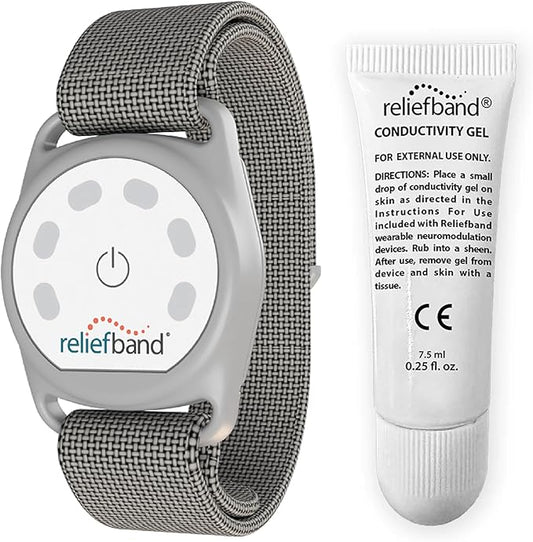 Reliefband New Sport Anti-Nausea Wristband | Waterproof | Nausea & Vomiting Relief for Motion Sickness, & Morning Sickness | Drug & Side Effect Free, Long Lasting, Fast-Acting (Grey, 1 Extra Gel Tube)