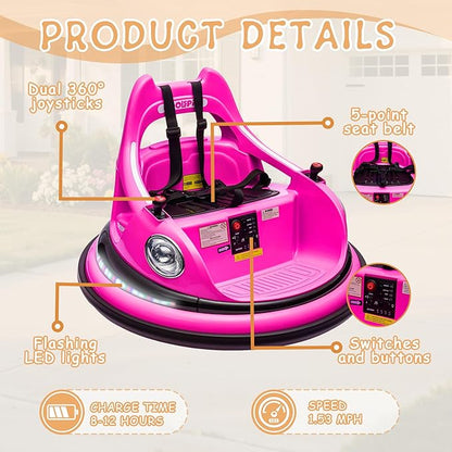 12V Electric Ride On Bumper Car for Kids, Bumper Car for Toddlers 3+ W/Remote Control, LED Lights & 360 Degree Spin, Bluetooth, Anti-Collision Padding Five-Point Safety Belt (Rose Red)