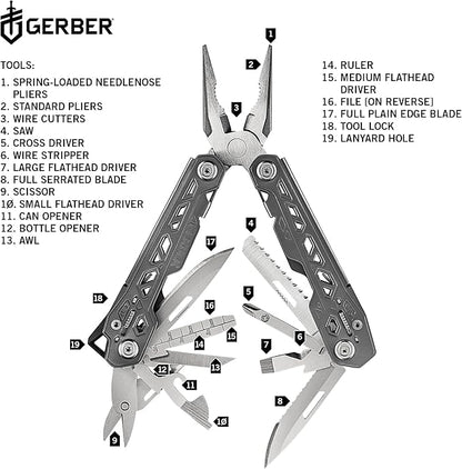 Gerber Gear Truss 17-in-1 EDC Needle Nose Pliers Multi tool - includes Pocket Knife, Screwdriver, and Bottle Opener Accessories - Gifts for Men, Fishing and Camping Gear - Gray with Standard Sheath