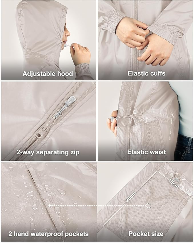 33,000ft Women's Waterproof Long Rain Coats Packable Rain Jacket with Hood Trench Coats Windbreaker