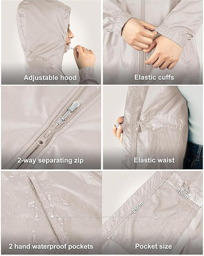 33,000ft Women's Waterproof Long Rain Coats Packable Rain Jacket with Hood Trench Coats Windbreaker