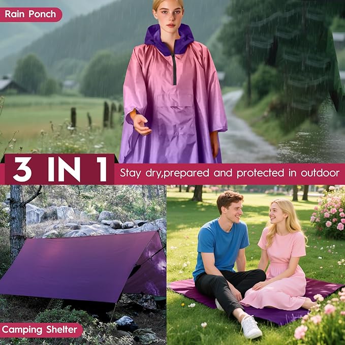 Bruvoalon 3-in-1 Rain Poncho with 1/4 Zip & Chest Pocket, Waterproof, Sunshade, Ground Mat for Adults & Youth Emergency