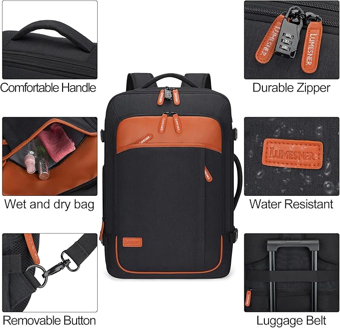 Lumesner Carry on Travel Backpacks, Extra Large 40L Flight Approved for Men & Women,Expandable Suitcase backpack (Black (Backpack With 4 Packing Cubes))
