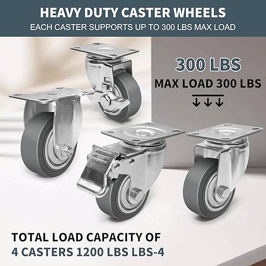 3 Inch Caster Wheels, Rubber Wheels Silent Castor- Set of 4 Heavy Duty Caster Wheels with Brake 1200Lbs, Industrial Plate Casters Wheels for Cart Furniture Workbench (4 Swivel)