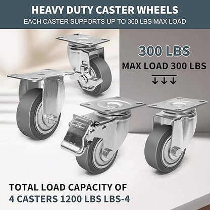 3 Inch Caster Wheels, Rubber Wheels Silent Castor- Set of 4 Heavy Duty Caster Wheels with Brake 1200Lbs, Industrial Plate Casters Wheels for Cart Furniture Workbench (2 Brake & 2 Rigid)
