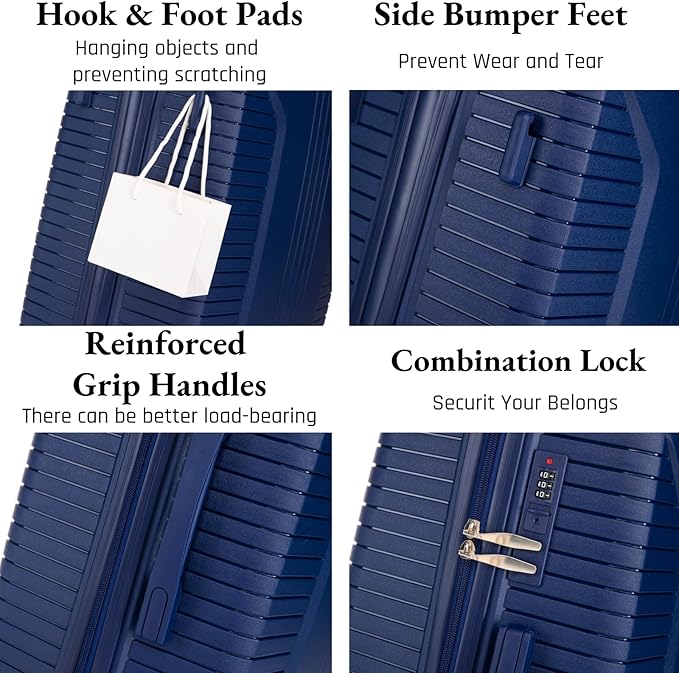 3-Piece PP Hard Shell Spinner Luggage Set (20" 24" 28") with Combination Lock, Adjustable Pull Rod Suitcases, Blue