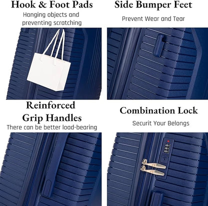 3-Piece PP Hard Shell Spinner Luggage Set (20" 24" 28") with Combination Lock, Adjustable Pull Rod Suitcases, Blue