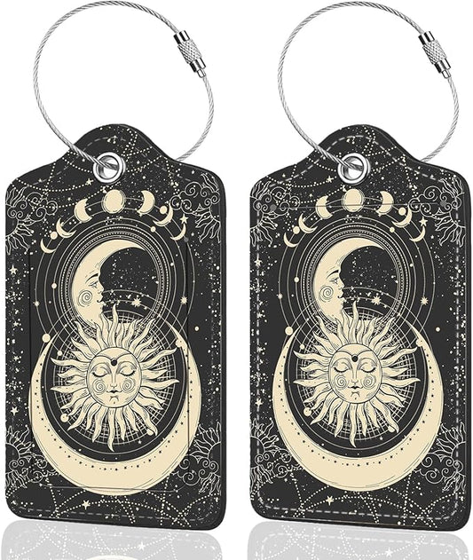 2Pack Luggage Tags for Suitcases, Cute Unique Pu Leather Cruise Luggage Tag with Privacy Cover ID Label Address Card and Metal Ring Suitable for Women Men Kids Travel Bag Sun and Moon Face