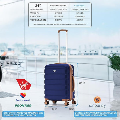 Flight Knight 24x16x10 Expandable Carry On Suitcase Hardside TSA Lock USB C Lightweight Luggage Silent Double Spinner Wheels Maximum Overhead Carry-On Bag For Virgin & South West Approved Airlines