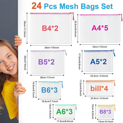 24 Pcs Mesh Zipper Pouch Bags, Plastic Zipper Pouches for Classroom in 8 Sizes, Waterproof Mesh Zipper Bags for Organizing, Clear Zipper Pouches for Organizing, Travel, Office Supplies