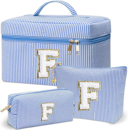Personalized Monogram Makeup Bag, 3PCS Custom Monogrammed Toiletry Cosmetic Bag for 6-18 Teen Girls Women,Birthday Graduation Gifts Initial Pouch Makeup Bags for Women Girls, Make Up Bag (F, Blue)