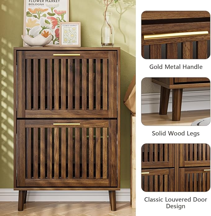 Walnut Shoe Cabinet for Entryway,Narrow Shoe Storage Cabinet with 2 Flip Drawer and Solid Wood Leg,Freestanding Slim Shoe Organizer for Entryway, Hallway