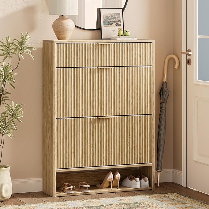 Evermagin 31.5''W Oak Shoe Cabinet Storage with Drawer for Entryway, Fluted Slim Shoe Dresser with 2 Flip Drawers, Narrow Shoe Rack Cabinet, Hidden Shoe Organizer Cabinet for Entrance, Hallway