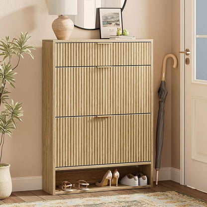 Evermagin 31.5''W Oak Shoe Cabinet Storage with Drawer for Entryway, Fluted Slim Shoe Dresser with 2 Flip Drawers, Narrow Shoe Rack Cabinet, Hidden Shoe Organizer Cabinet for Entrance, Hallway