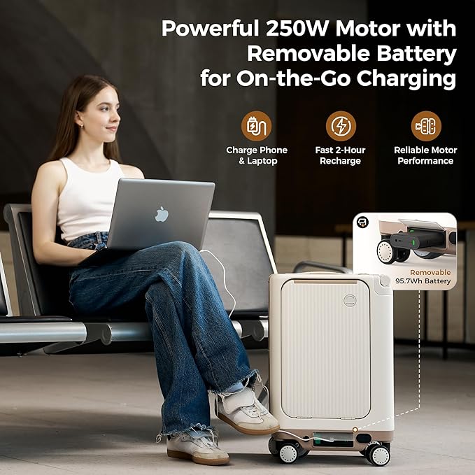 isinwheel Smart Rideable Luggage, Airline-Approved Electric Scooter Suitcase 22"x14"x9", 250W Motor Up to 8 MPH & 9.3 Miles Range,95.7Wh Removable Battery, TSA Lock,38L Carry-on Electric Luggage－White