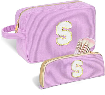 Personalized Initial Makeup Bag Trendy Stuff Corduroy Cosmetic Bag Travel Toiletry Bag for Women, Christmas/Thanksgiving/Halloween Gifts Makeup Organizer Case for Teen Girls Mom Girlfriend Wife.
