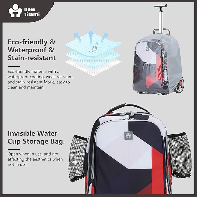 NEW TILAMI 20" Rolling Backpack for Teens Adults, Climbing Stairs Waterproof Backpack with Wheels for School Business Trave Camping with Laptop Compartment, Fit 17 Inch Laptop, Black - Red Combo