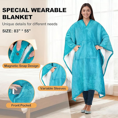Catalonia Sherpa Wearable Blanket Poncho for Adult Women Men, Wrap Blanket Cape with Pocket, Warm, Soft, Cozy, Snuggly, Comfort Gift, No Sleeves, Aqua
