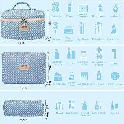 3PC Makeup Bag Set, Cute Cosmetic Bag for Women Girls, Floral Coquette Aesthetic Toiletry Bag, Travel Make Up Organizer Bag（Blue Check）