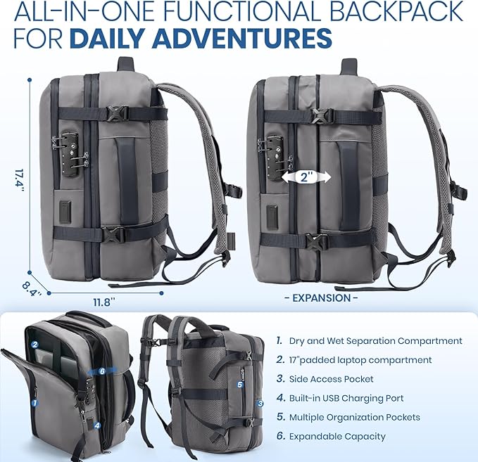 Fanwoli Vacuum Travel Backpack, Carry On Luggage with TSA Lock & Anti Theft Zipper, Expandable Airback with Compression Pump, Waterproof Laptop Bag Ideal for Flight & Business