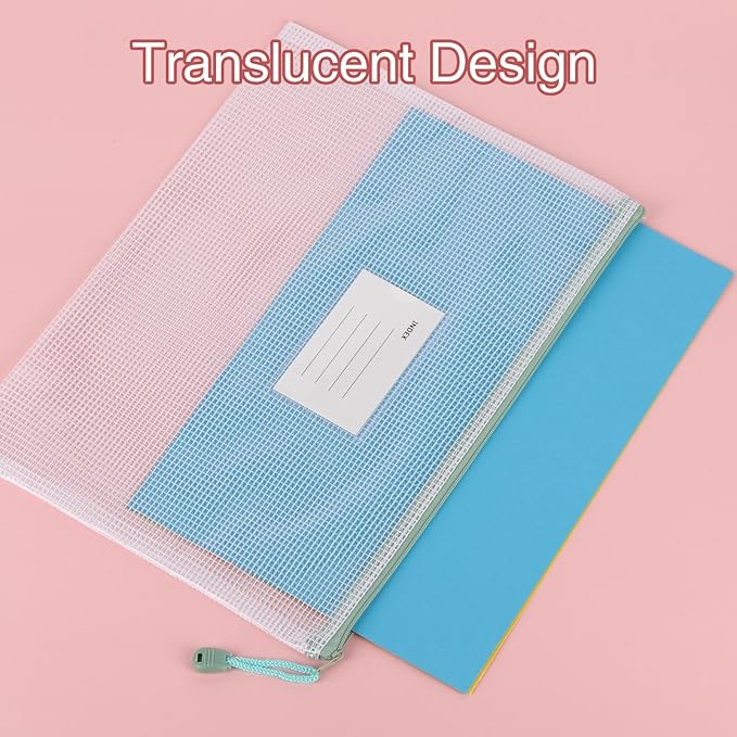 28Pcs Mesh Zipper Pouch Bags，A4 Mesh Storage Bags with Label Pocket，Waterproof Pouches for Organization School, Office & Travel，7 Colors