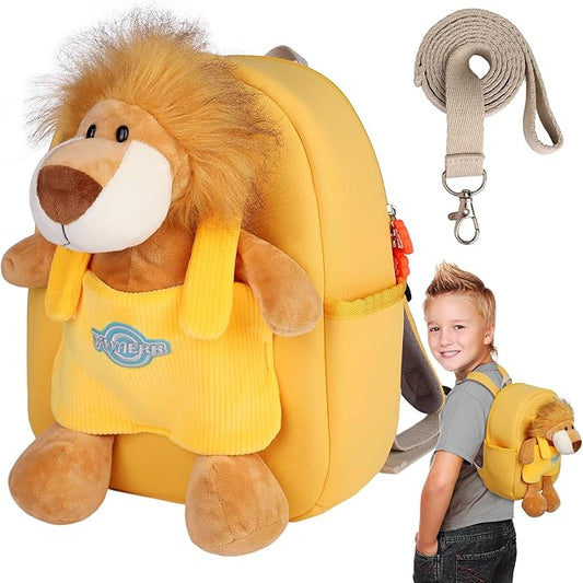 Large Lion Toddler Backpacks with Soft Dolls & Leash, Preschool Backpack with Stuffed Animals for School Travel, 5 6 7 8 9 Year Old