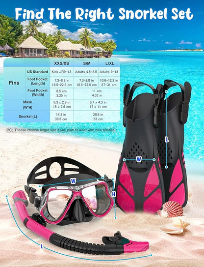 Zenoplige Mask Fins Snorkel Set, Snorkeling Gear for Adults, Panoramic View Snorkel Mask Anti-Fog, Adjustable Dive Flippers, Dry Top Snorkel and Travel Bag, Scuba Gear for Swimming Snorkeling Diving