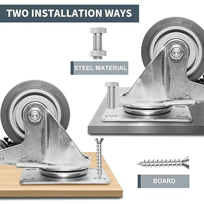 3 Inch Caster Wheels, Rubber Wheels Silent Castor- Set of 4 Heavy Duty Caster Wheels with Brake 1200Lbs, Industrial Plate Casters Wheels for Cart Furniture Workbench (4 Swivel)