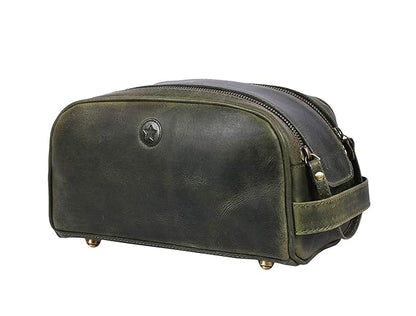 10" Premium Leather Toiletry Travel Pouch With Waterproof Lining Black Color | King-Size Handcrafted Vintage Shaving Kit By Aaron Leather Goods