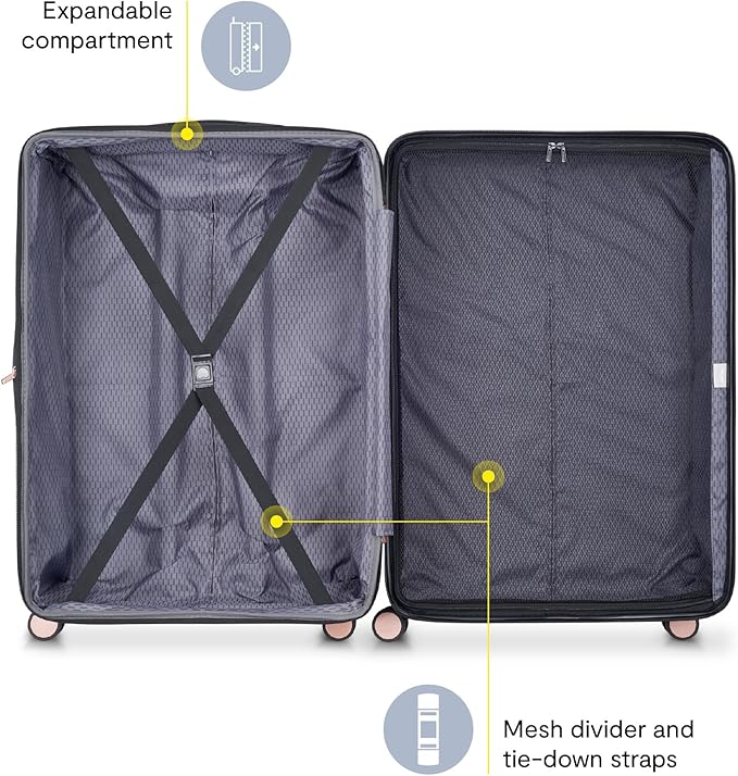 DELSEY PARIS Alexis Hardside 3-Piece Luggage Set, Expandable With 4 Spinner Wheels, Lightweight Suitcase, 21" Carry-On, 25" Checked Medium, 29" Checked Large, Black/Rose Gold