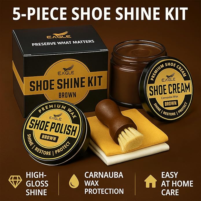 Eagle Shoe Shine Kit – 5-Piece Leather Shoe Polish & Cream Set with Brush & Cloths