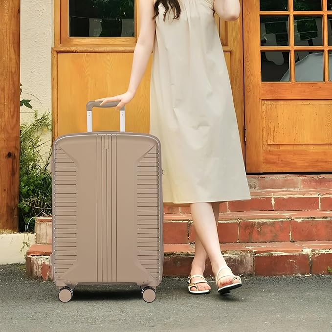 Campfun 3 Piece Luggage Sets, PP Suitcase Set with Double Spinner Wheels Hang Hook, Durable Carry On Luggage with Combination Lock, 20/24/28 inch, Champagne