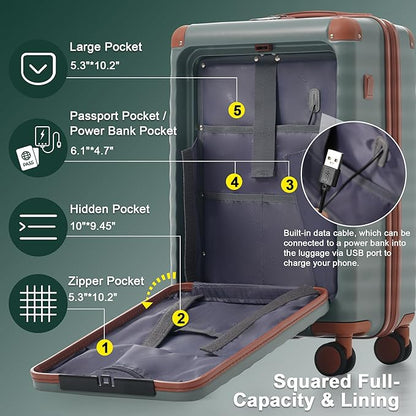 Merax Luggage Sets Front Opening, 3 Piece Hardshell Suitcase with Spinner Wheels and Bags,Lightweight Carry on Luggage with USB Port and Cup Holder,20+24+28,Grey Green