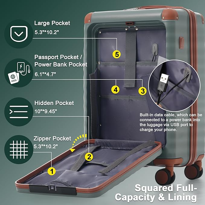 Merax Luggage Sets 5 Piece,Front Open Hardshell Expandable Suitcase with Spinner Wheels and Duffel Bags,Lightweight Carry on Luggage with USB Port and Cup Holder,20/24/28IN,Grey Green