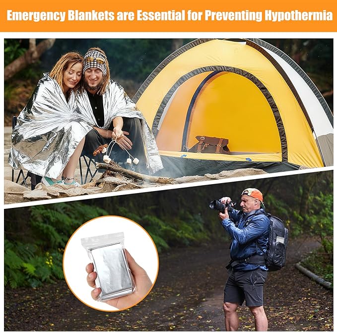 200PCS Emergency Blankets Foil Mylar Thermal Individually Wrapped, Waterproof Survival Blanket for Camping, Outdoors, First Aid Kit Travel