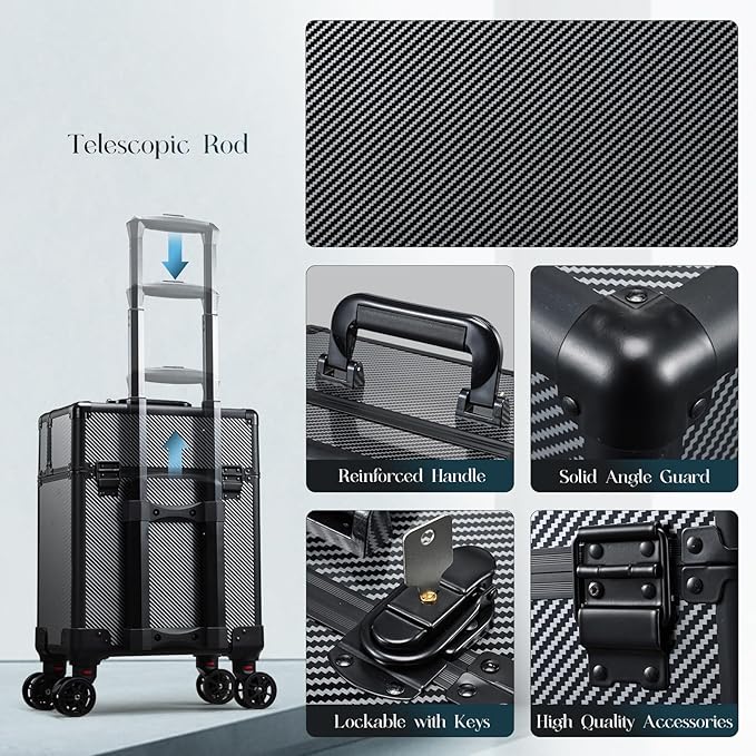 Rolling Makeup Case, Cosmetology Case on Wheels Makeup Train Case Professional Vanity Case with Trays for Women Large Travel Makeup Box Organizer Makeup Trolley on Wheels with Key,Ashy Grey