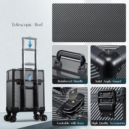 Rolling Makeup Case, Cosmetology Case on Wheels Makeup Train Case Professional Vanity Case with Trays for Women Large Travel Makeup Box Organizer Makeup Trolley on Wheels with Key,Ashy Grey