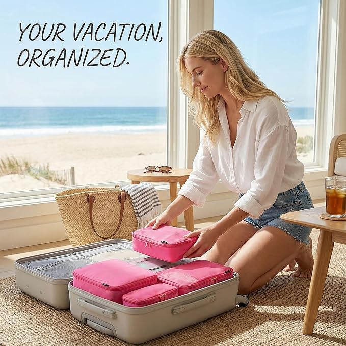 Compression Packing Cubes for Travel, 6-Piece Set (L/M/S), Double-Zip Luggage Organizers with Mesh Panels, Space-Saving Clothes Storage Bags for Suitcase & Carry-On (6 Pack, Rose Red)