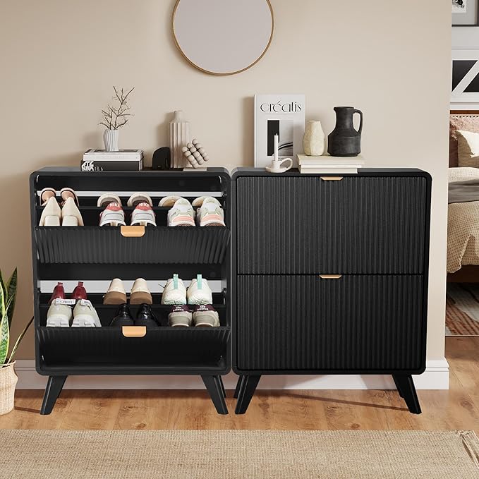 RARZOE Set of 2 Fluted Shoe Storage Cabinets for Entryway, Narrow Curved Shoe Cabinet with 2 Flip Drawers, Freestanding Wood Hidden Shoe Organizer Closed Shoe Rack Cabinet for Foyer,Hallway (Black)