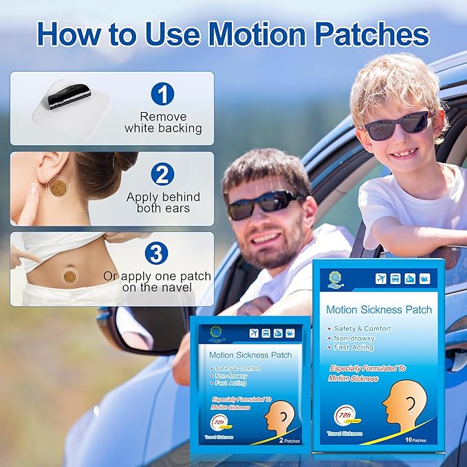 KONGDY 10 Counts Motion Sickness Patches for Kids Adults, Seasick Patch for Cruise from Travel with Waterproof and Non Drowsy, Sea Sickness Patches Behind Ear
