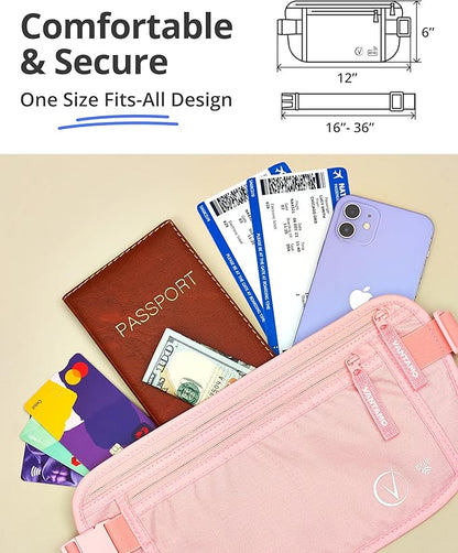 Vantamo Money Belt with RFID For Men & Women, Hidden Passport Holder for Travel, 2 Compartment Travel Fanny Pack for Women Anti Theft