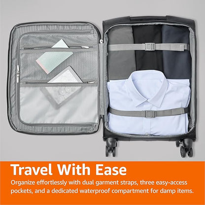 Amazon Basics 17" Carry On Luggage, Softside Suitcase With TSA Lock, 8 Spinner Wheels, Front Exterior Pocket, 3 Interior Pockets For Dry and Damp Clothes/Towels Separately, Black