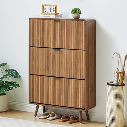 Slim 47" Fluted Shoe Cabinet with 3 Flip Drawers, Curved Hidden Shoe Cabinet Organizer, Narrow Shoes Storage Rack for Entryway (All Walnut-3 Drawers)
