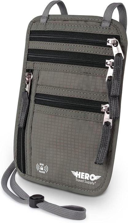 HERO Neck Wallet, RFID Blocking Passport Holder, Easy to Conceal Travel Pouch