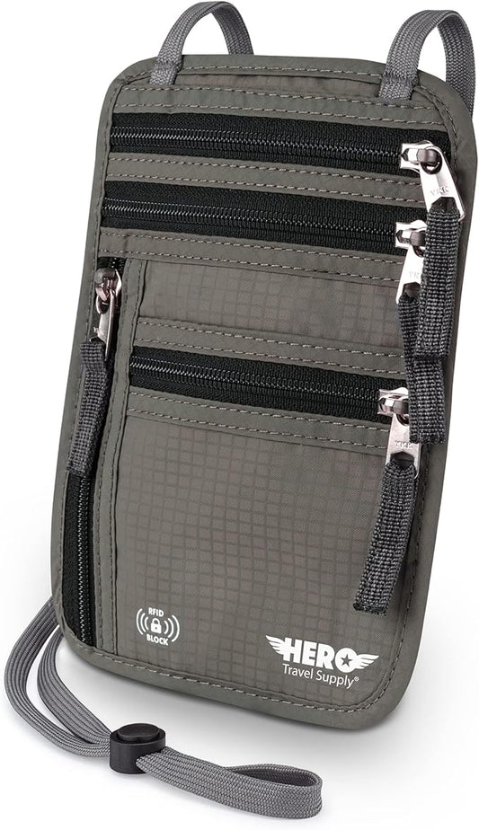 HERO Neck Wallet, RFID Blocking Passport Holder, Easy to Conceal Travel Pouch