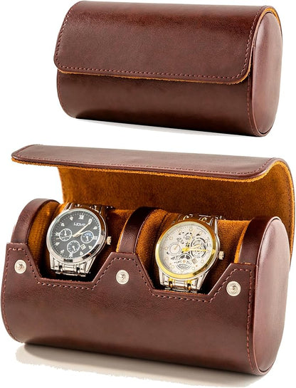 MR.OKAY 2 Watch Travel Case- Classic Leather Watch Case With Perfect Texture.Portable Watch Roll Or Organizer For Storage And Display. Luxury Gifts For Men, All Handmade by Artisans.