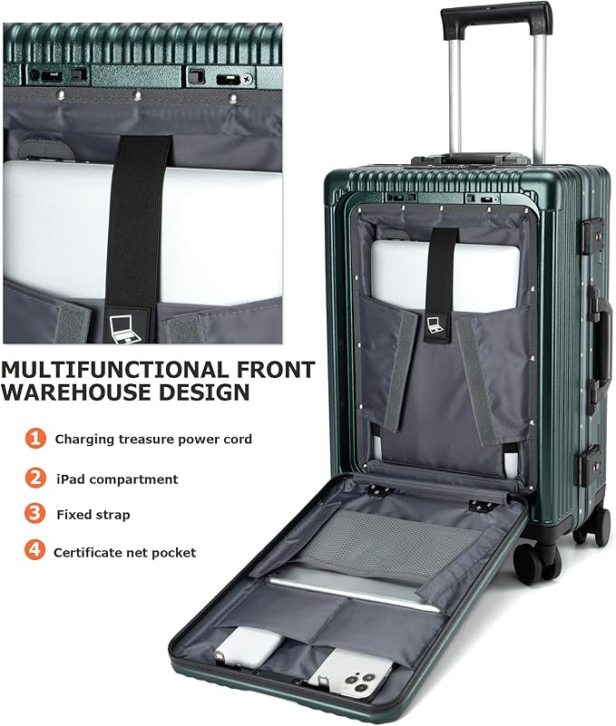 feilario 24in Aluminium Frame Zipperless PC Hard Shell Spinner Wheels Luggage, Built-In TSA lock Carry on Suitcase, with Cup Holder, USB Port, Phone Holder