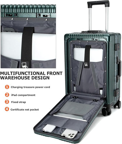 feilario 24in Aluminium Frame Zipperless PC Hard Shell Spinner Wheels Luggage, Built-In TSA lock Carry on Suitcase, with Cup Holder, USB Port, Phone Holder