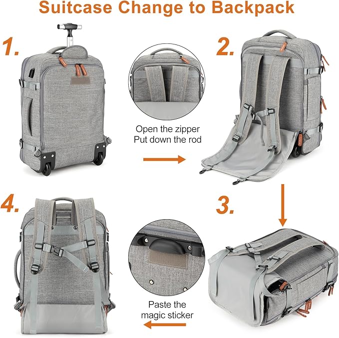 Lumesner Carry on Travel Backpacks, Extra Large 40L Flight Approved for Men & Women,Expandable Suitcase backpack (Rolling-Grey)