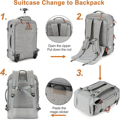 Lumesner Carry on Travel Backpacks, Extra Large 40L Flight Approved for Men & Women,Expandable Suitcase backpack (Rolling-Grey)